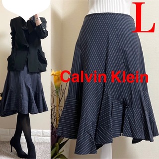 Calvin Klein - カルバンクライン　美脚　アシンメトリー　ストライプ　スカート　6 L ゆったりめ