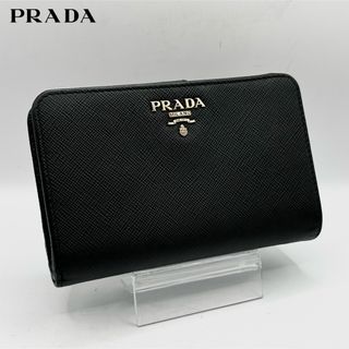 プラダ(PRADA)の美品 PRADA 二つ折り財布 サフィアーノレザー 金ロゴ L字ファスナー 黒(財布)