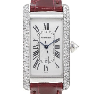 カルティエ(Cartier)の【CARTIER】カルティエ タンクアメリカンMM ダイヤベゼル cal.077 1726 K18ホワイトゴールド×クロコダイル 自動巻き レディース 腕時計(腕時計)