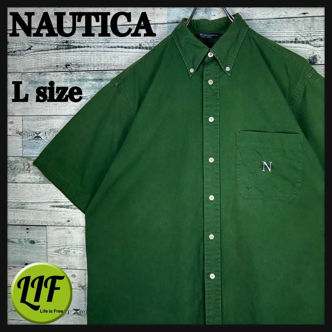 NAUTICA(ノーティカ)のノーティカ 刺繍ロゴ 胸ポケット 90s ボタンダウン 半袖シャツ グリーン L メンズのトップス(シャツ)の商品写真