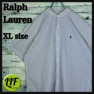 ラルフローレン(Ralph Lauren)のラルフローレン 刺繍ロゴ 半袖 ノーカラーシャツ ストライプ 青白 XL(シャツ)