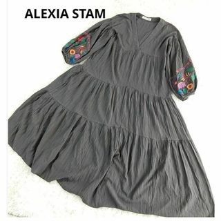 アリシアスタン(ALEXIA STAM)の【美品】アリシアスタン　バルーンスリーブ　マキシワンピース　刺繍　花　グレー(ロングワンピース/マキシワンピース)