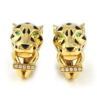 カルティエ(Cartier)のカルティエ Cartier クリップ ピアス パンテール ドゥ カルティエ B8044700 パンサーモチーフ ツァボライト グリーンガーネット オニキス 10ポイント ダイヤモンド 0.02ct K18YG ブラック ラッカー 【中古】(ピアス)