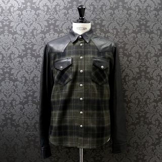 クロムハーツ(Chrome Hearts)のクロムハーツ【CHROMEHEARTS】フレアニーレザーパッチ/バックフレアニーシャツ/クロスボタン/グリーンチェック/Mサイズ【中古】111059(シャツ/ブラウス(半袖/袖なし))