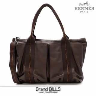 エルメス(Hermes)の美品 エルメス キャラバン ホリゾンタル MM ハンドバッグ ショルダーバッグ 2way ヴォーデルマ ダークブラウン オレンジ シルバー金具(ハンドバッグ)