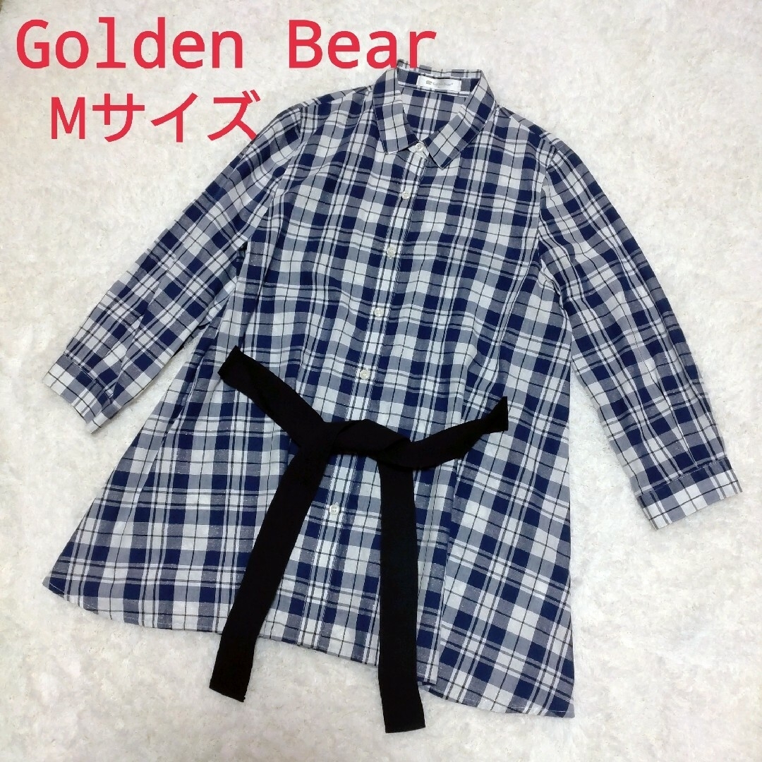 Golden Bear(ゴールデンベア)の美品　ゴールデンベア　ブルーラメ入りチェック柄シャツ　ウエストりぼん　Mサイズ レディースのトップス(シャツ/ブラウス(長袖/七分))の商品写真