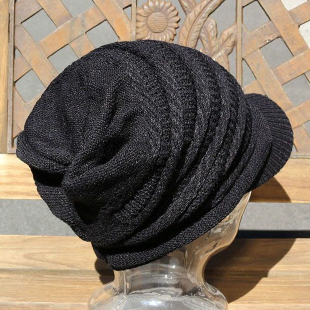 帽子 男女兼用秋冬 メンズ レディース ニットキャスケット ねじり編み ブラック メンズの帽子(ニット帽/ビーニー)の商品写真