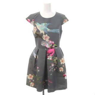 テッドベイカー(TED BAKER)のテッドベーカー 鳥花柄ワンピース 膝丈 半袖 1 チャコールグレー(ひざ丈ワンピース)