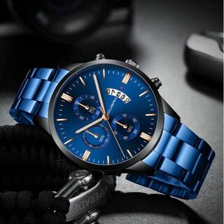 T0346 新品 デュアルタイプ CUENA☆腕時計メンズ ステンレス  黒青(腕時計(アナログ))