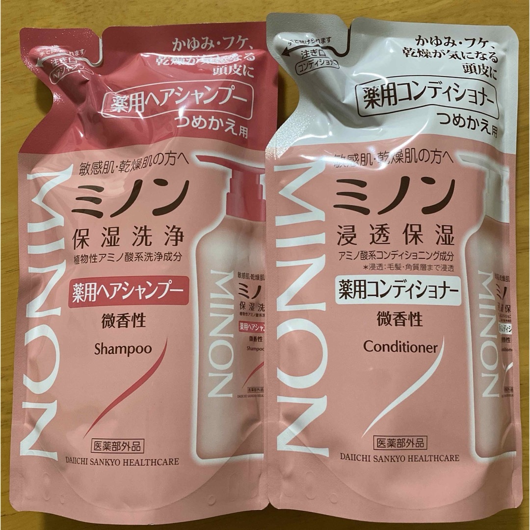 第一三共ヘルスケア(ダイイチサンキョウヘルスケア)のミノン 薬用ヘアシャンプー  コンディショナー詰め替え 380ml  コスメ/美容のヘアケア/スタイリング(シャンプー/コンディショナーセット)の商品写真