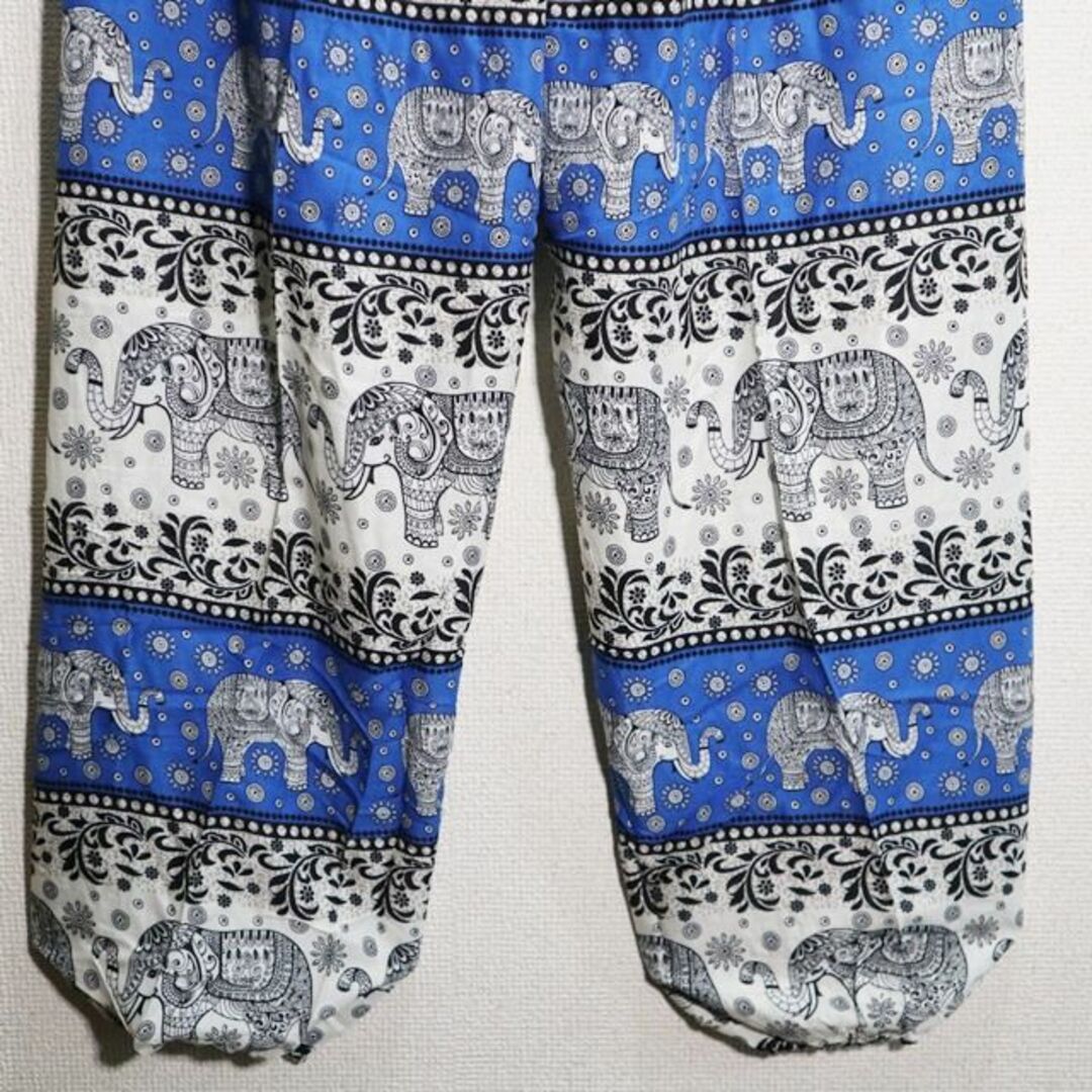 【新品】タイパンツ　装飾品を身に着けた大中の象　ボーダー風　青　 メンズのパンツ(サルエルパンツ)の商品写真