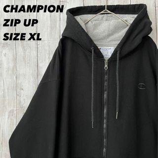 チャンピオン(Champion)のUS古着　チャンピオン　ワンポイント刺繍ロゴジップアップスエットパーカーXL黒(パーカー)