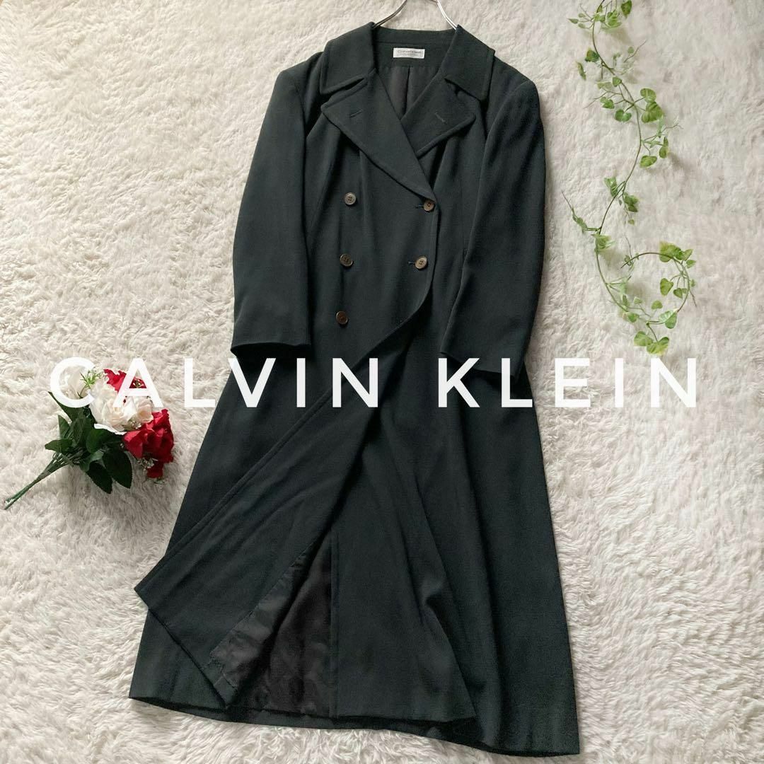 Calvin Klein(カルバンクライン)のカルバンクライン　ヴィンテージ　ロングトレンチコート　モスグリーン　9号 レディースのジャケット/アウター(トレンチコート)の商品写真