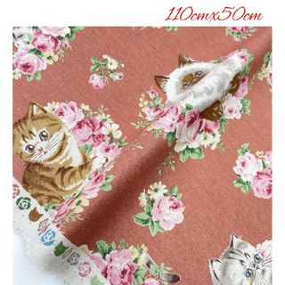 新品 ねこ薔薇柄キャンバス地 綿麻 生地 布 ハンドメイド 素材(生地/糸)