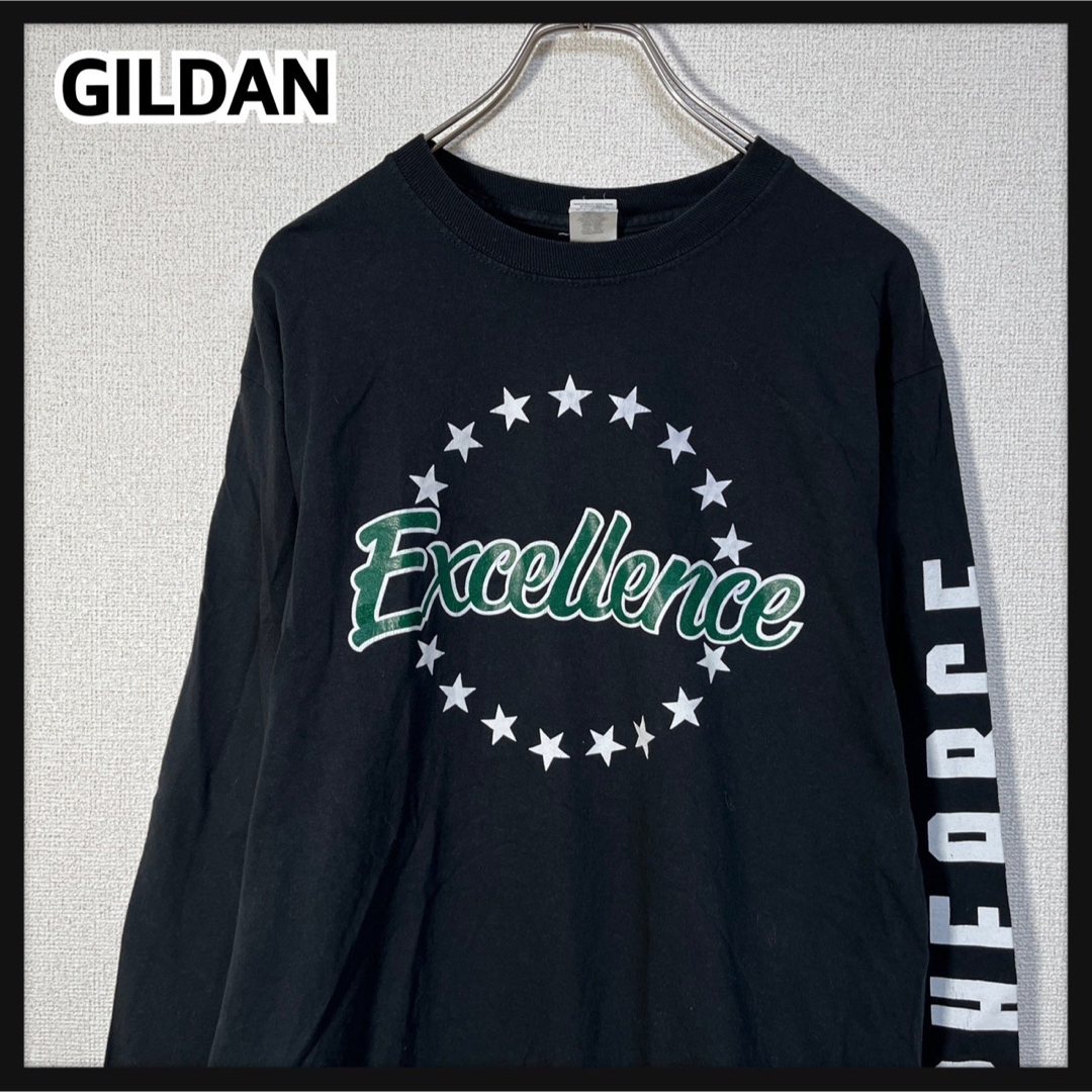 GILDAN(ギルタン)の【ギルダン】ロンT　カレジッロゴ　袖ロゴ　デカロゴ　ブラックモスグリーン　81 メンズのトップス(Tシャツ/カットソー(七分/長袖))の商品写真