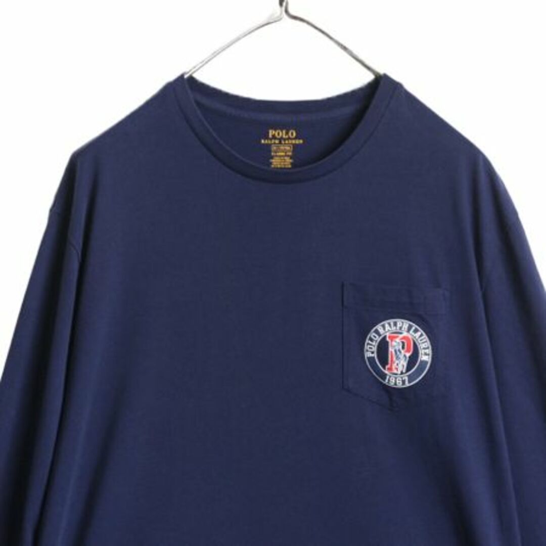 Ralph Lauren(ラルフローレン)のポロ ラルフローレン ビッグポニー 両面 プリント 長袖 Tシャツ M / 古着 ポケット付き Pロゴ ロンT ポケT バックプリント クルーネック 紺 メンズのトップス(Tシャツ/カットソー(七分/長袖))の商品写真