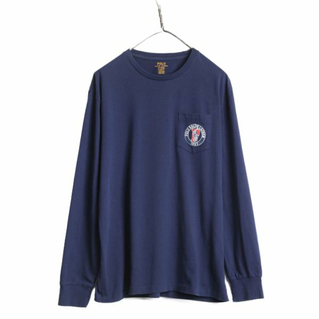 Ralph Lauren(ラルフローレン)のポロ ラルフローレン ビッグポニー 両面 プリント 長袖 Tシャツ M / 古着 ポケット付き Pロゴ ロンT ポケT バックプリント クルーネック 紺 メンズのトップス(Tシャツ/カットソー(七分/長袖))の商品写真