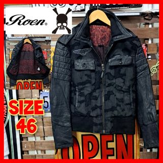 Roen - ロエン　レザースリーブ　ライダース　スタジャン　Ｍ　カモフラ