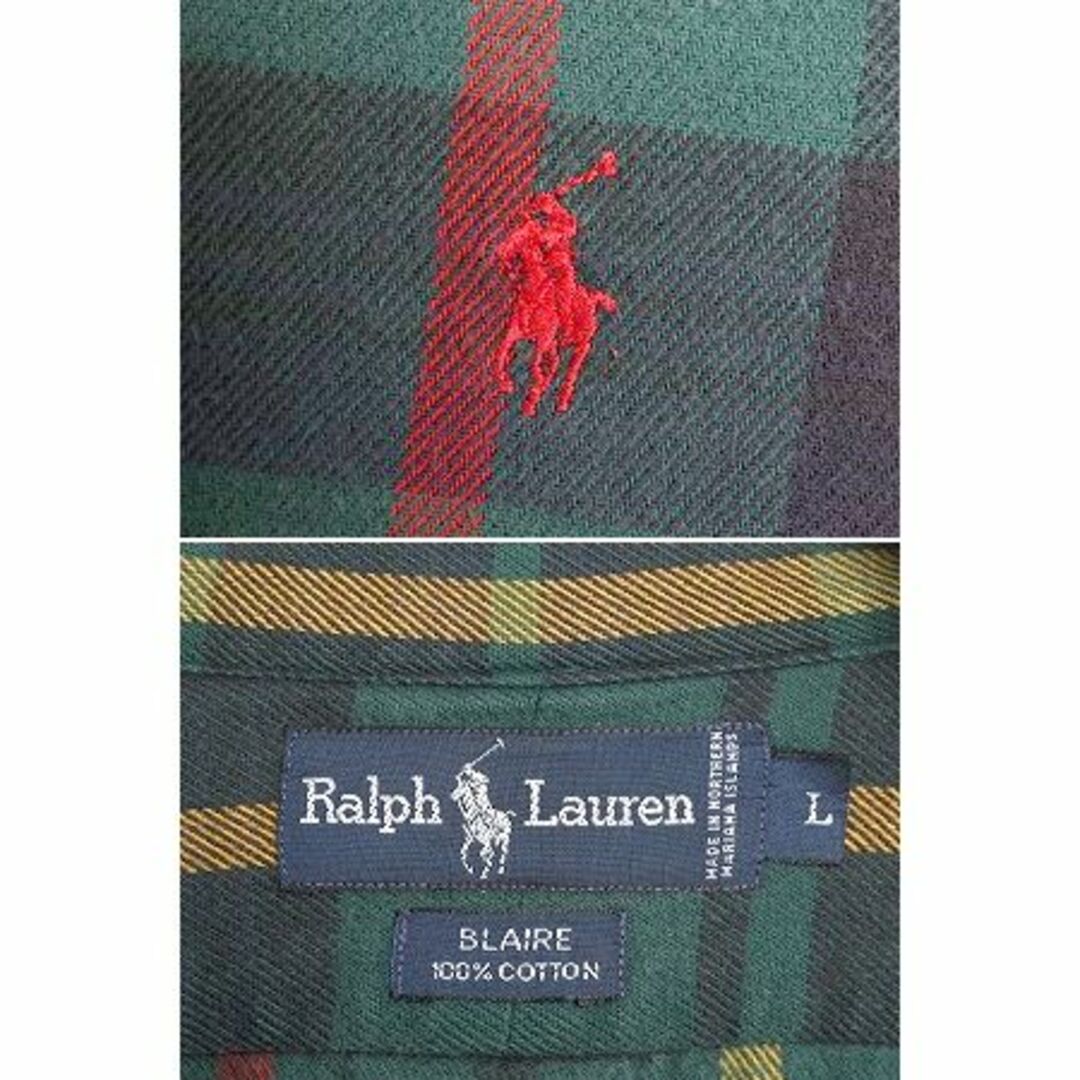 Ralph Lauren(ラルフローレン)の90s ラルフローレン チェック ボタンダウン ヘビー フランネル シャツ メンズ L 古着 90年代 オールド ワンポイント ネルシャツ ポロ 厚手 メンズのトップス(シャツ)の商品写真