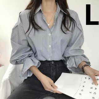 ストライプシャツ 袖口フリル サイズL キャンディースリーブシャツ 韓国(シャツ/ブラウス(長袖/七分))
