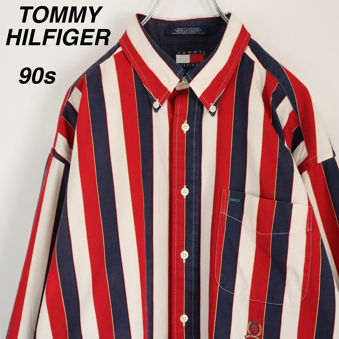 TOMMY HILFIGER(トミーヒルフィガー)の【90s】トミーヒルフィガー／ストライプシャツ　刺繍ロゴ　マルチストライプ　L メンズのトップス(シャツ)の商品写真