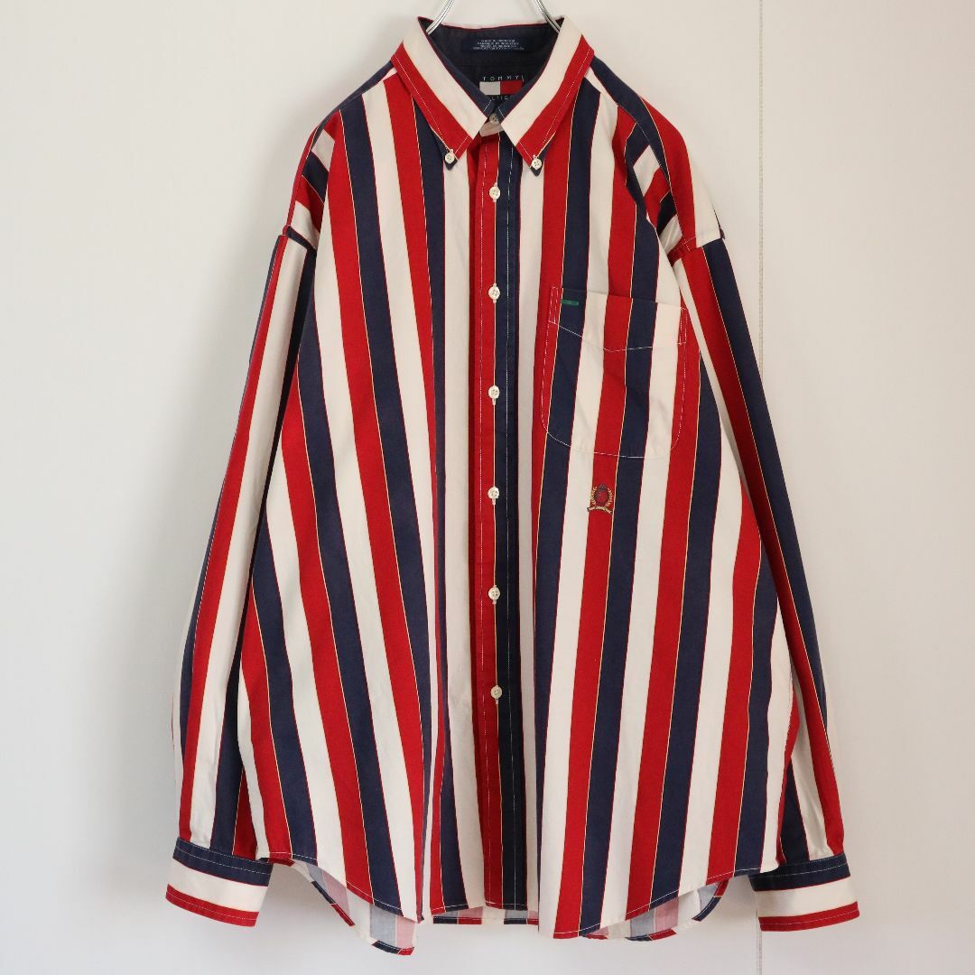 TOMMY HILFIGER(トミーヒルフィガー)の【90s】トミーヒルフィガー／ストライプシャツ　刺繍ロゴ　マルチストライプ　L メンズのトップス(シャツ)の商品写真