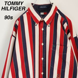 トミーヒルフィガー(TOMMY HILFIGER)の【90s】トミーヒルフィガー／ストライプシャツ　刺繍ロゴ　マルチストライプ　L(シャツ)