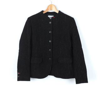 ユニクロ(UNIQLO)のユニクロ ノーカラージャケット アウター ストライプ INES DE LA FRESSANGE ウール混 レディース Lサイズ ブラック UNIQLO(ノーカラージャケット)