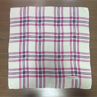 YSL スカーフ シルク100% 絹 白 ホワイト ピンク チェック レトロ
