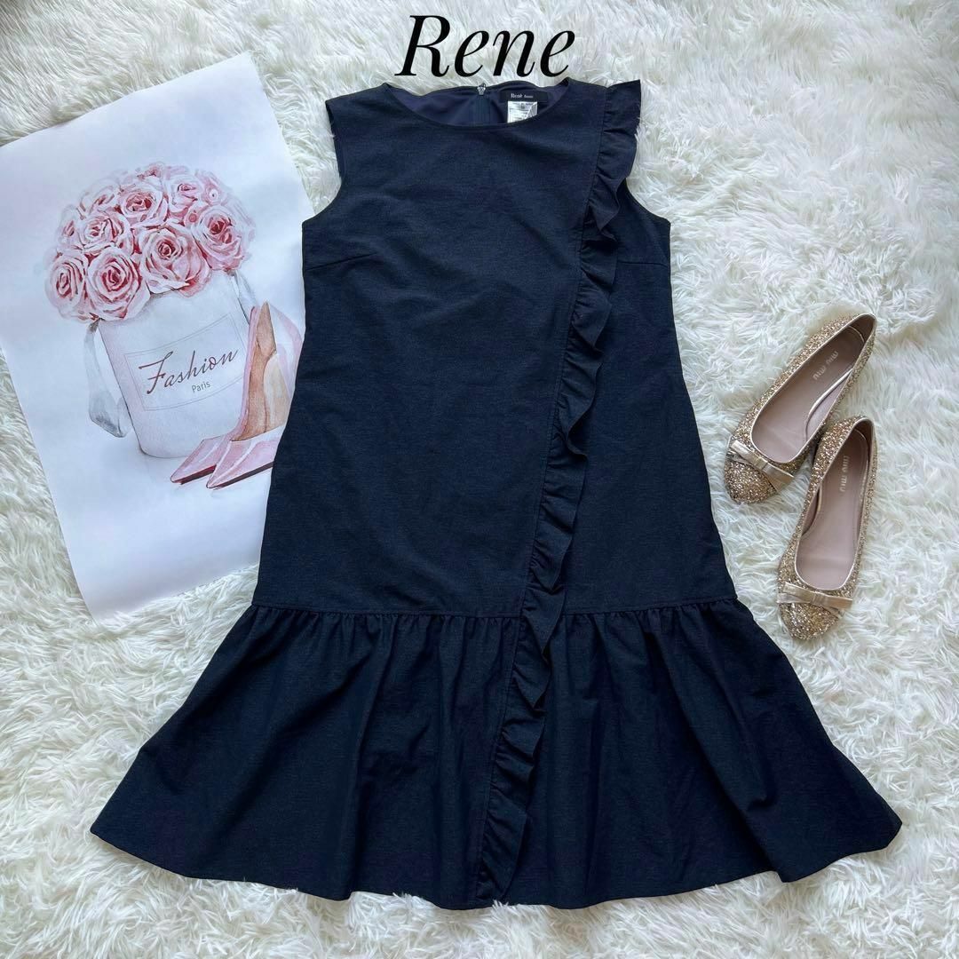 René(ルネ)の【美品】Rene デニム風 ノースリーブ フリルワンピース Aライン ギャザー レディースのワンピース(ひざ丈ワンピース)の商品写真