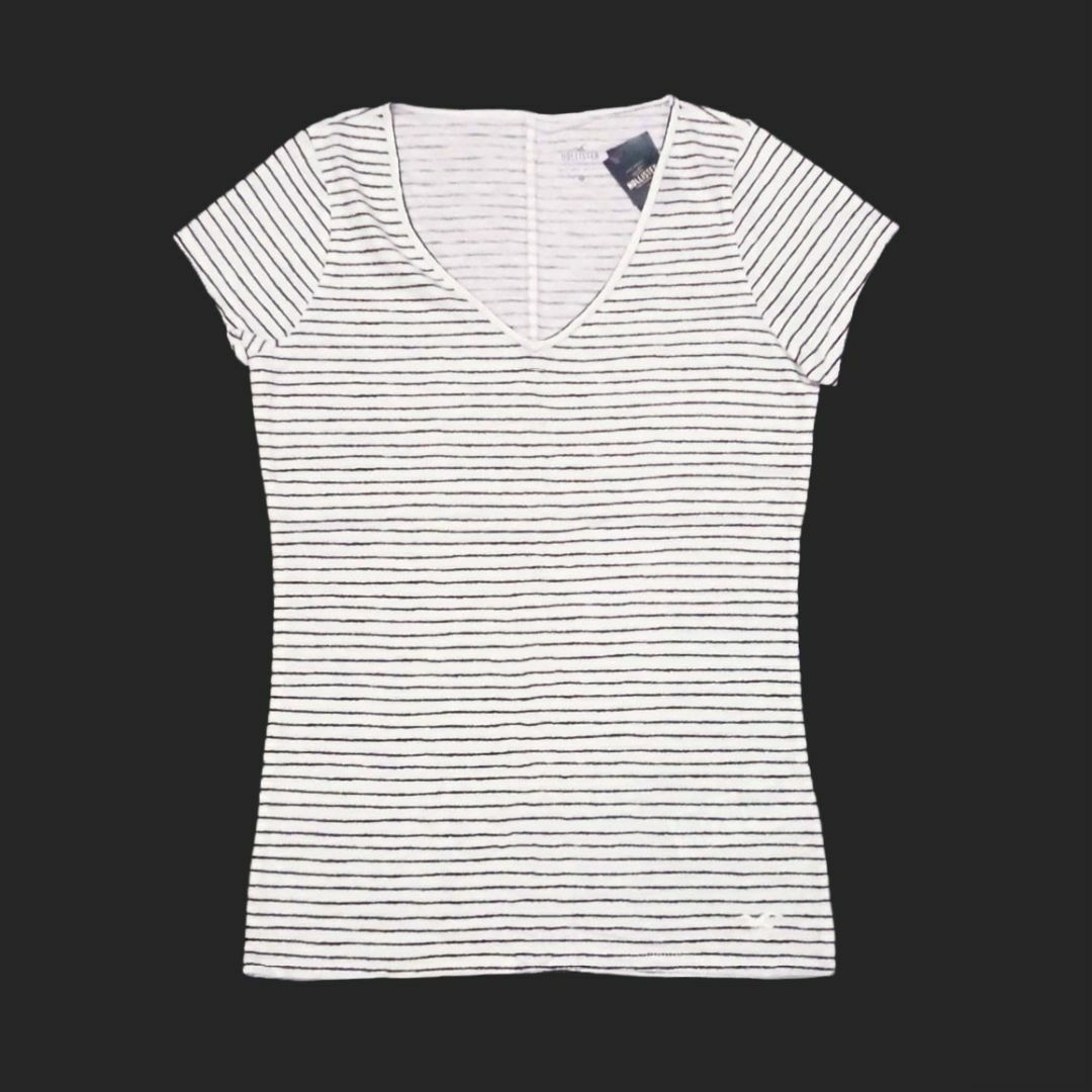 Hollister(ホリスター)の★新品★ホリスター★ボーダー半袖ＶネックTシャツ (White/Black/L) レディースのトップス(Tシャツ(半袖/袖なし))の商品写真