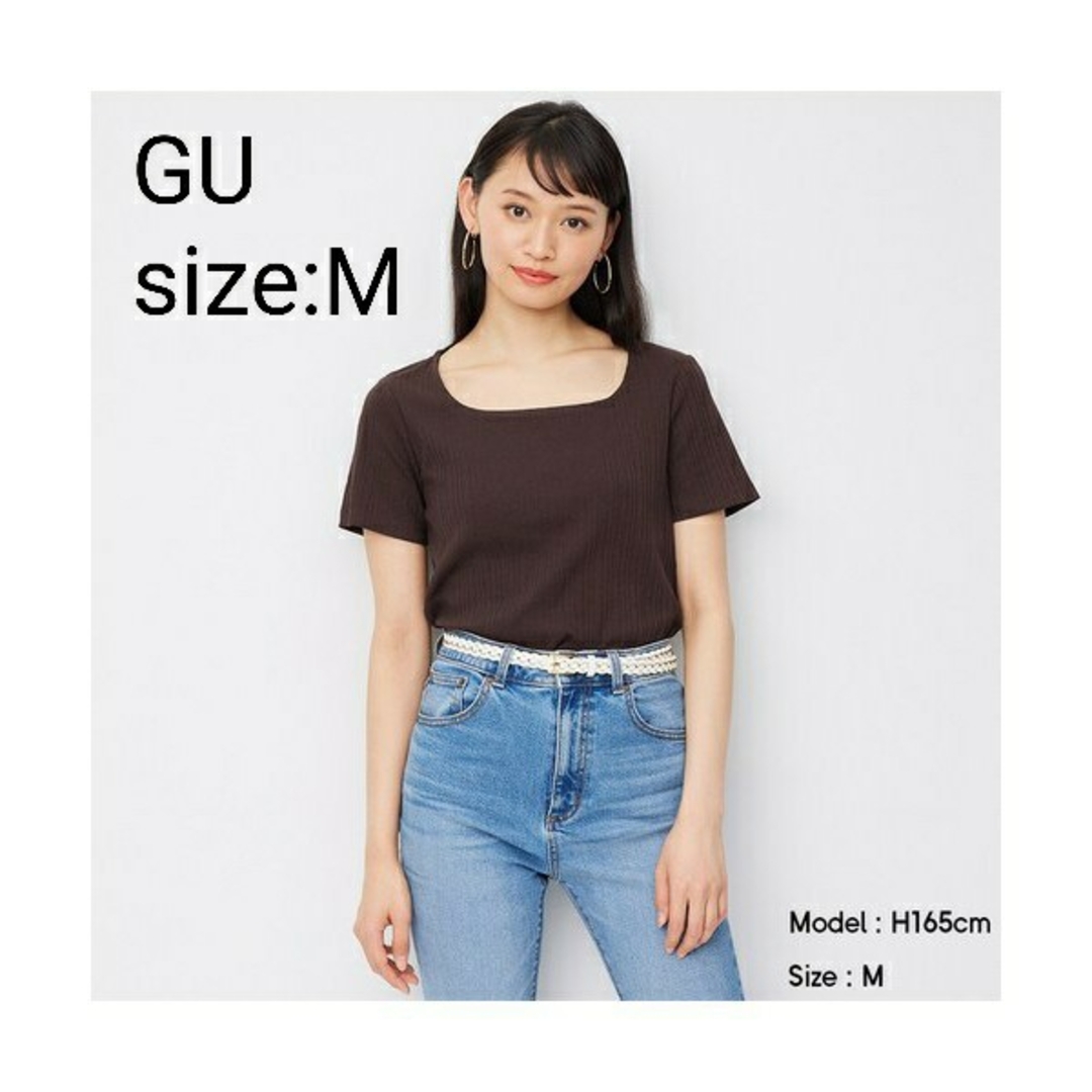 GU(ジーユー)のGU ジーユー リブスクエアネックコンパクトT[半袖] Mサイズ ダークブラウン レディースのトップス(Tシャツ(半袖/袖なし))の商品写真
