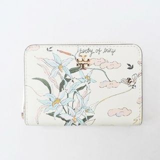 TORY BURCH(トリーバーチ) コインケース美品  - アイボリー×ライトブルー×マルチ フラワー(花)/ラウンドファスナー/キーリング付き PVC(塩化ビニール)