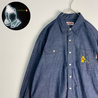 mikihouse - 【ミキハウス　長袖シャツ　ワンポイント刺しゅう　クマ　青　古着】