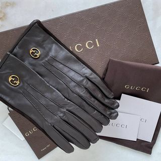 グッチ(Gucci)の未使用品☆GUCCI グッチ レザーグローブ GG インターロッキング 茶(手袋)