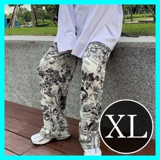 【当店人気】柄　パンツ　ストリート　パンツ　XL　モノトーン　ゆる　楽(カジュアルパンツ)