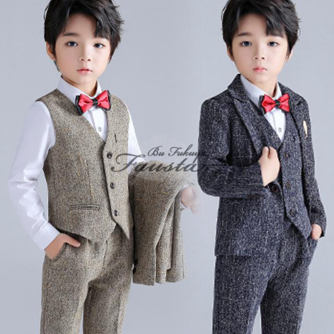 キッズスーツセット 120 ツイード フォーマルスーツ 入学式 グレー キッズ/ベビー/マタニティのキッズ服男の子用(90cm~)(ドレス/フォーマル)の商品写真