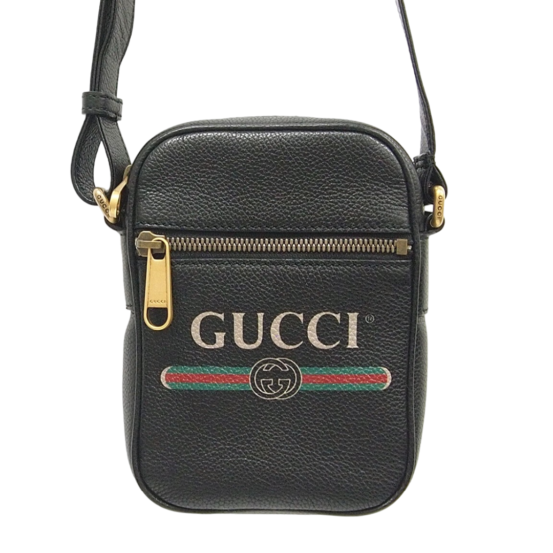Gucci(グッチ)のG12-5 GUCCI グッチ ロゴ プリント メッセンジャーバッグ 574803 ショルダーバッグ レザー メンズ レディース ブラック  メンズのバッグ(ショルダーバッグ)の商品写真