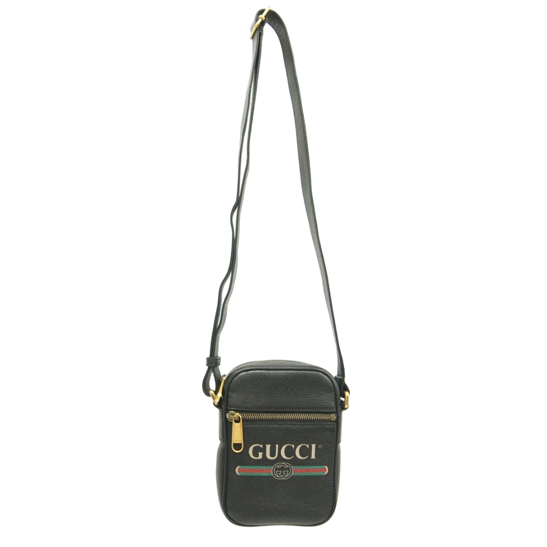 Gucci(グッチ)のG12-5 GUCCI グッチ ロゴ プリント メッセンジャーバッグ 574803 ショルダーバッグ レザー メンズ レディース ブラック  メンズのバッグ(ショルダーバッグ)の商品写真