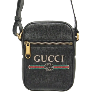 グッチ(Gucci)のG12-5 GUCCI グッチ ロゴ プリント メッセンジャーバッグ 574803 ショルダーバッグ レザー メンズ レディース ブラック (ショルダーバッグ)