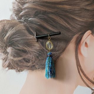 青タッセルかんざし(ヘアアクセサリー)