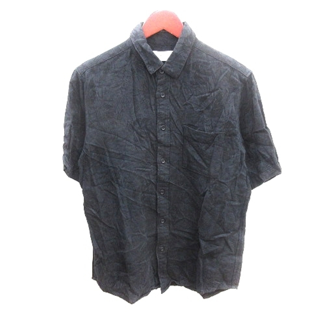 AZUL by moussy(アズールバイマウジー)のアズールバイマウジー ステンカラーシャツ リーフ柄 麻混 リネン混 半袖 S 黒 メンズのトップス(シャツ)の商品写真