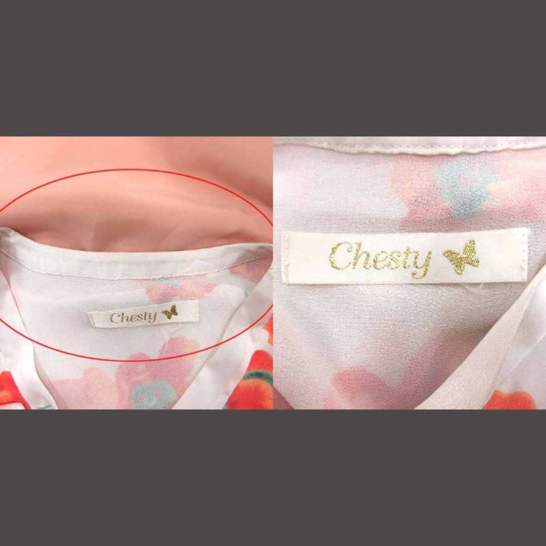 Chesty(チェスティ)のチェスティワンピース ひざ丈 半袖 ボウタイ リボン 花柄 サテン 1 オレンジ レディースのワンピース(ひざ丈ワンピース)の商品写真