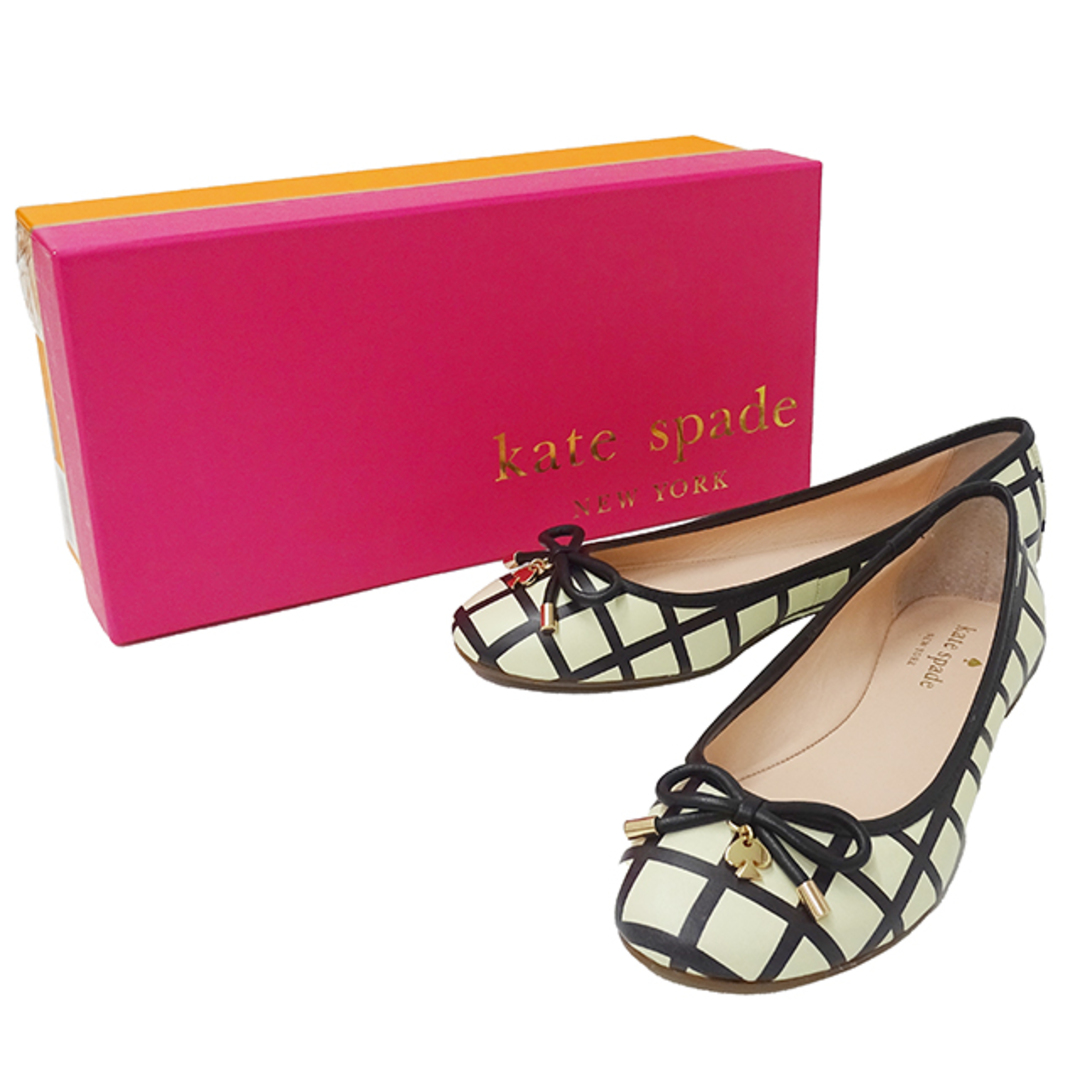 kate spade new york(ケイトスペードニューヨーク)のケイト・スペード ニューヨーク Kate Spade パンプス レディース ブランド レザー バレエシューズ ホワイト ブラック チェック柄 フラットシューズ おしゃれ おでかけ リボン 可愛い 白 黒 【中古】 レディースの靴/シューズ(ハイヒール/パンプス)の商品写真