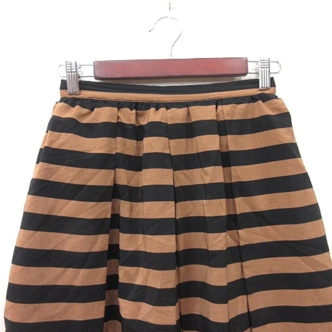 ロッタラブ フレアスカート ギャザー ひざ丈 ボーダー 茶 黒  レディースのスカート(ひざ丈スカート)の商品写真