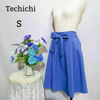 テチチ(Techichi)のTechichi　極上美品　ひざ丈スカート　リボン　Ｓサイズ　青系色(ひざ丈スカート)