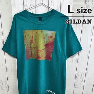 ギルタン(GILDAN)のUSA古着　GILDAN　Tシャツ　L　グリーン　緑　プリント　コットン　ロゴ(Tシャツ/カットソー(半袖/袖なし))