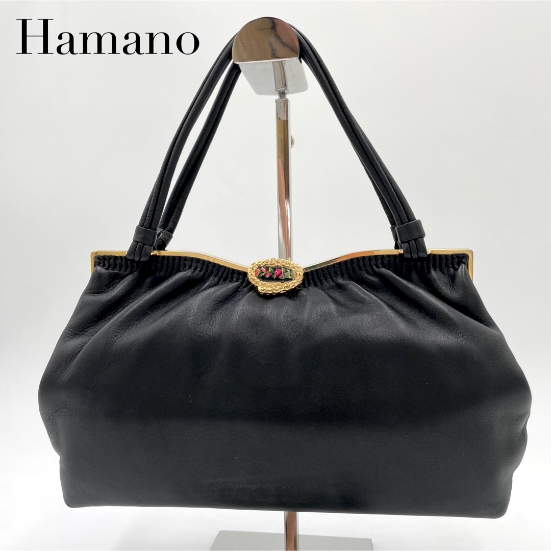 濱野皮革工藝/HAMANO(ハマノヒカクコウゲイ)の美品　ハマノ　フォーマルバッグ　ラムレザー　ゴブラン　ハンドバッグ　ゴールド金具 レディースのバッグ(ハンドバッグ)の商品写真