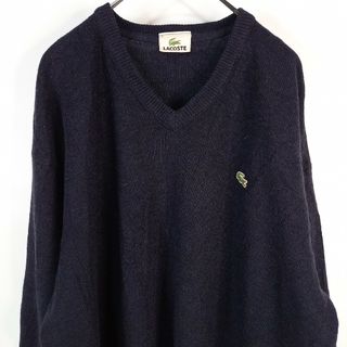 ラコステ(LACOSTE)のラコステ　Vネック　ウールニット　長袖　刺繍ロゴ　ユーロ古着　ネイビー　L(ニット/セーター)