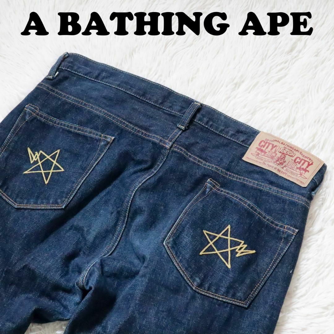 A BATHING APE(アベイシングエイプ)のA BATHING APE デニムパンツ ベイプスター スター刺繍 サイズL メンズのパンツ(デニム/ジーンズ)の商品写真